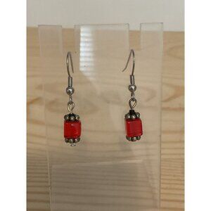 Red Cube Silver Fishhook Pierced Beaded Dangle Drop Earrings